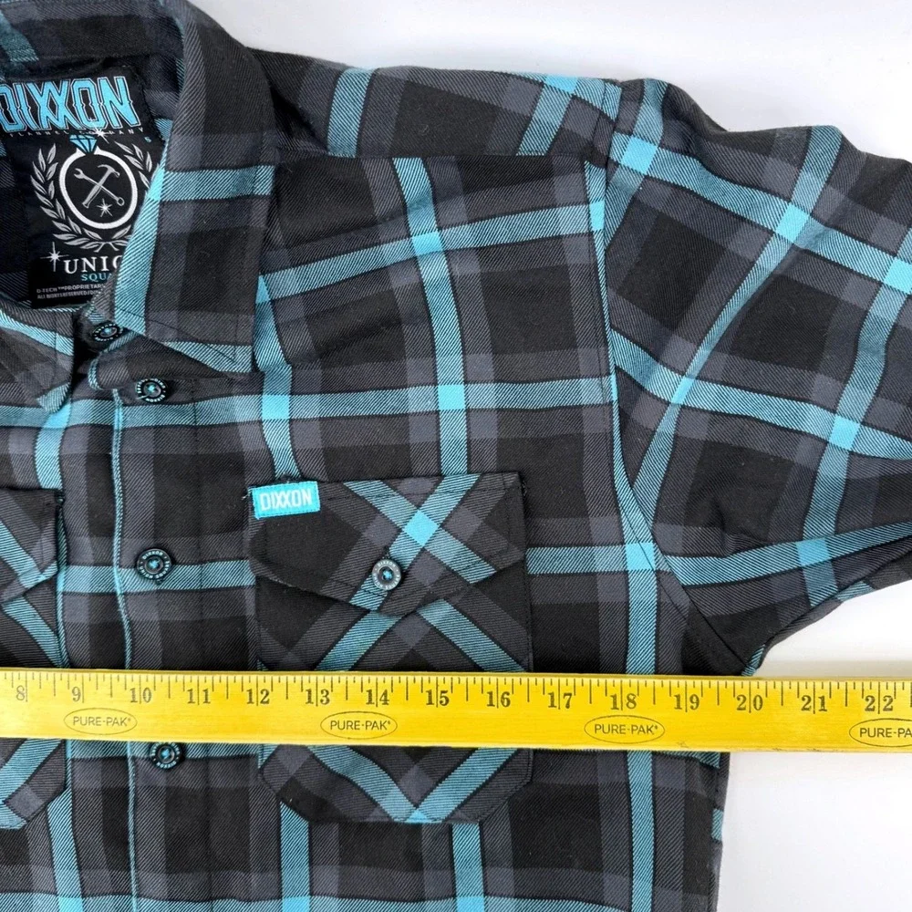 Dixxon Flannel Co Union Square Mens Small Teal Black Plaid D-Tech Flannel Shirt